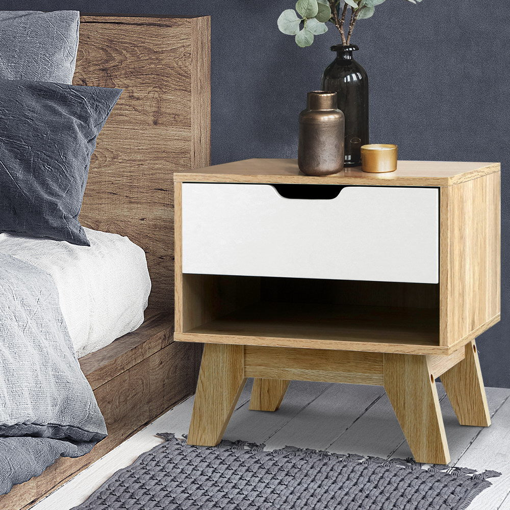 Artiss Bedside Table 1 Drawer with Shelf - IKER White & Oak 8