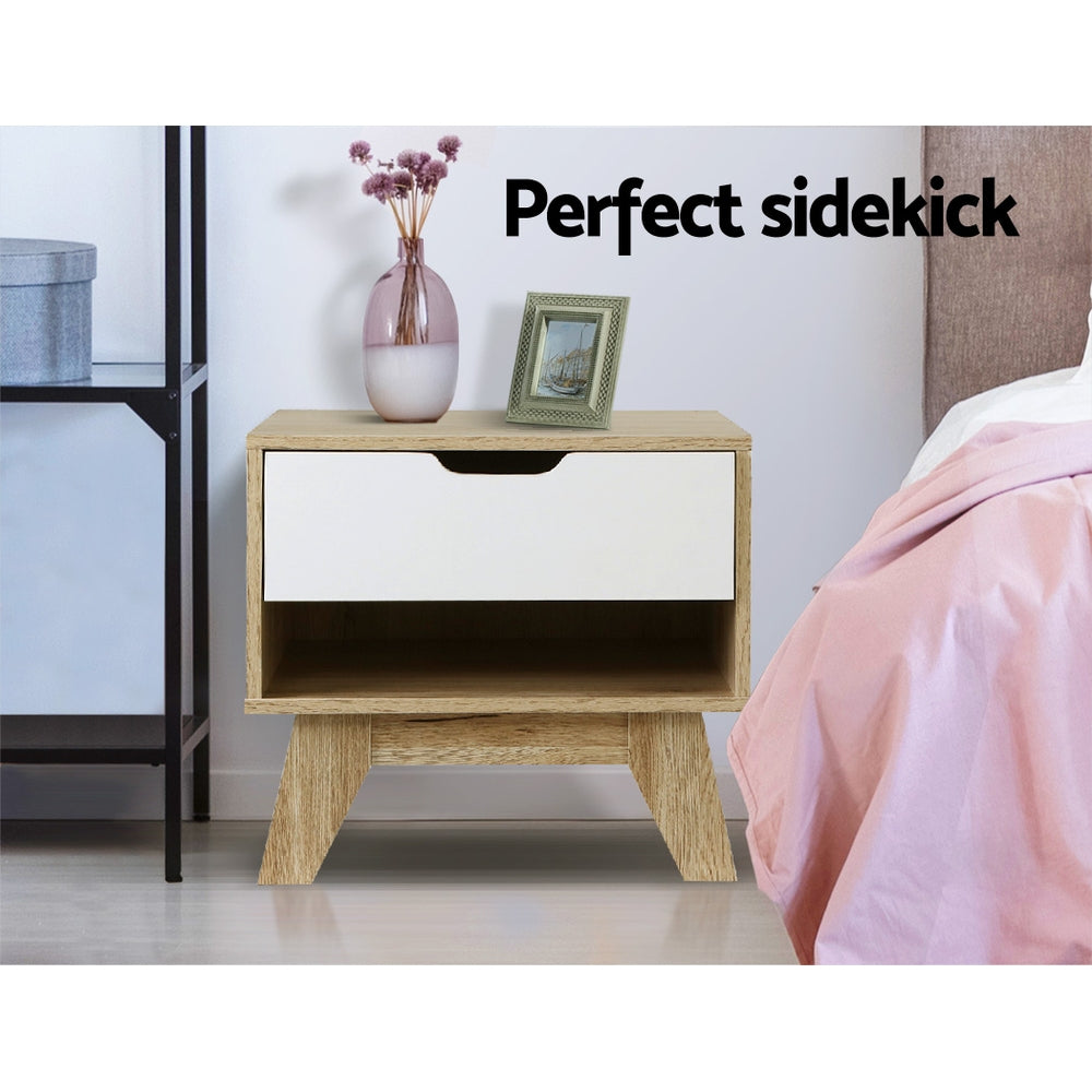 Artiss Bedside Table 1 Drawer with Shelf - IKER White & Oak 3