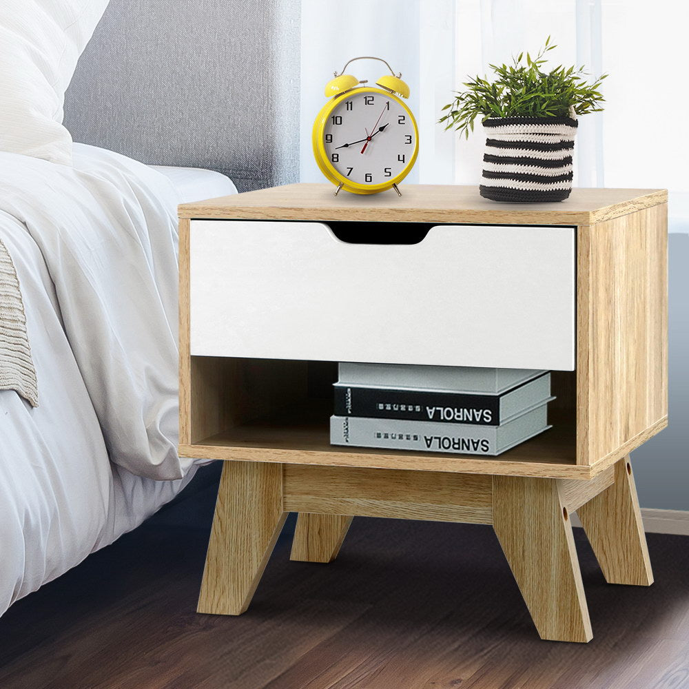 Artiss Bedside Table 1 Drawer with Shelf - IKER White & Oak 7