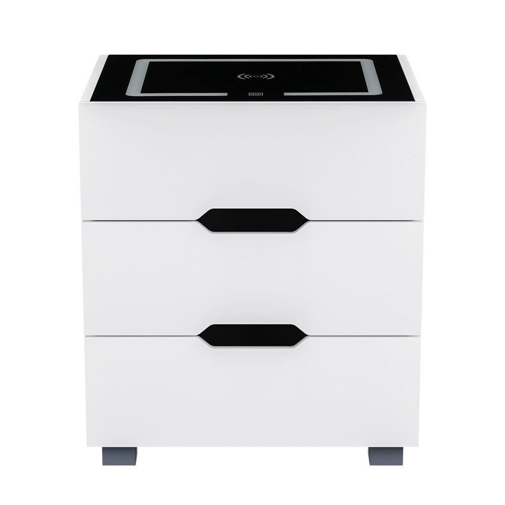 Artiss Smart Bedside Table 3 Drawers with Wireless Charging Ports LED White ADAD 3