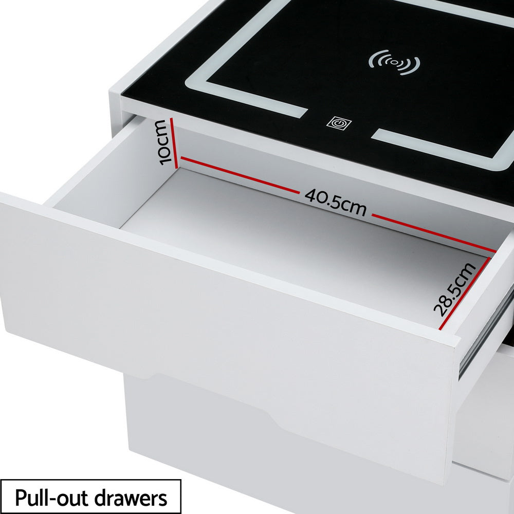 Artiss Smart Bedside Table 3 Drawers with Wireless Charging Ports LED White ADAD 6