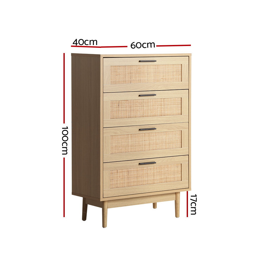 Artiss 4 Chest of Drawers Rattan Tallboy Pine - BRIONY 4