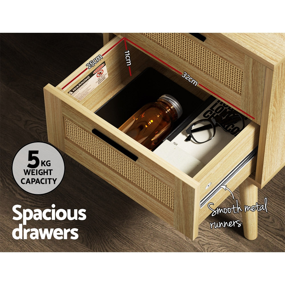 Artiss Rattan Bedside Table 2 Drawers Wood - RIE Oak 5