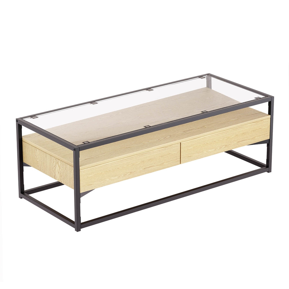 Artiss Coffee Table 2 Drawers Glass Tabletop Pine 7