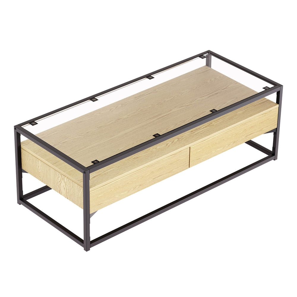 Artiss Coffee Table 2 Drawers Glass Tabletop Pine 3