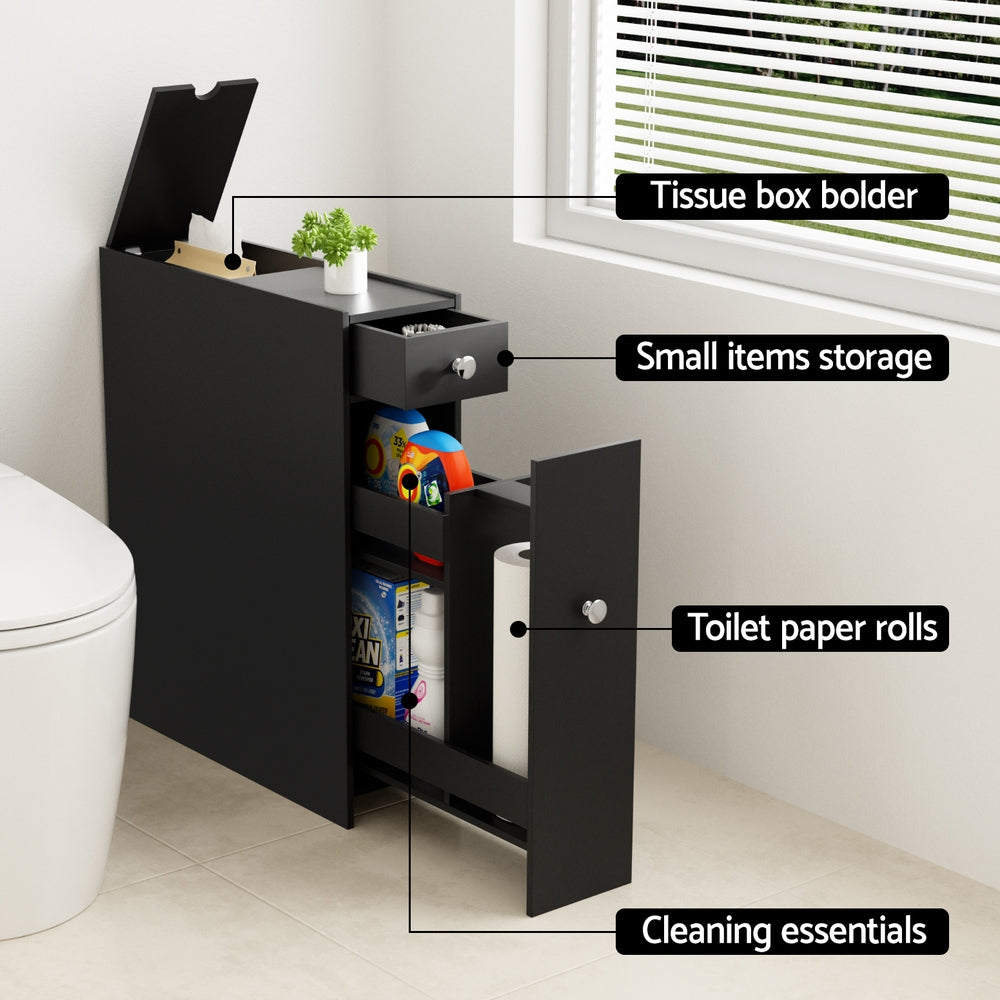 Artiss Bathroom Storage Cabinet Toilet Slim Tissue Box Caddy Holder Side Wooden Black 4