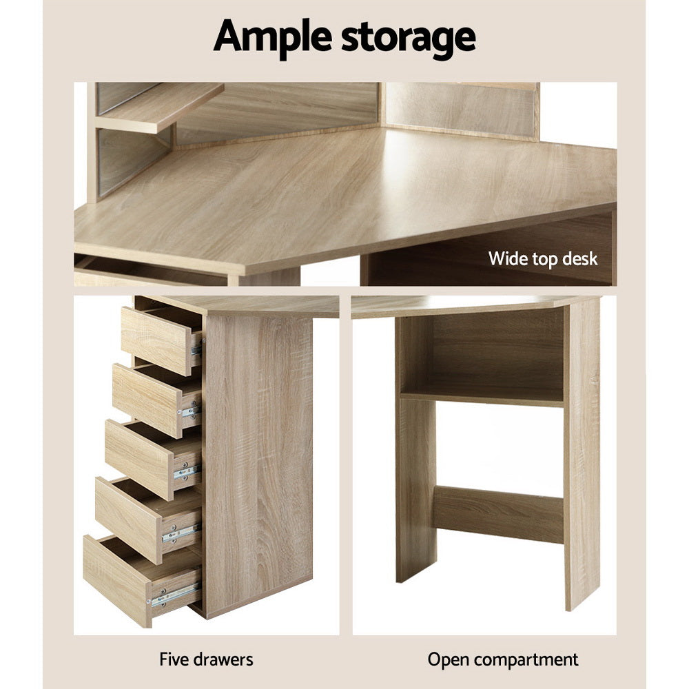 Artiss Dressing Table Stool Set Corner 5 Drawers Oak 7