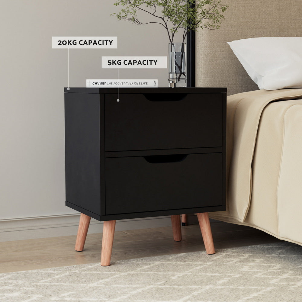 Artiss 2 x Bedside Table 2 Drawers - BODEN Black 5