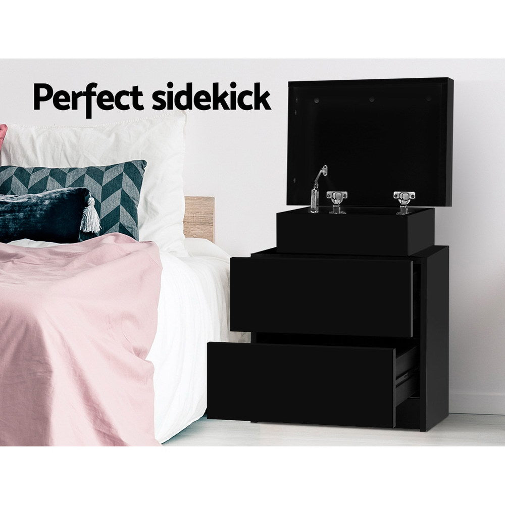 Artiss Bedside Table 2 Drawers Lift-up Storage - COLEY Black 3