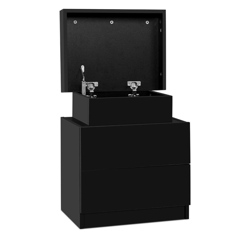 Artiss Bedside Table 2 Drawers Lift-up Storage - COLEY Black 7