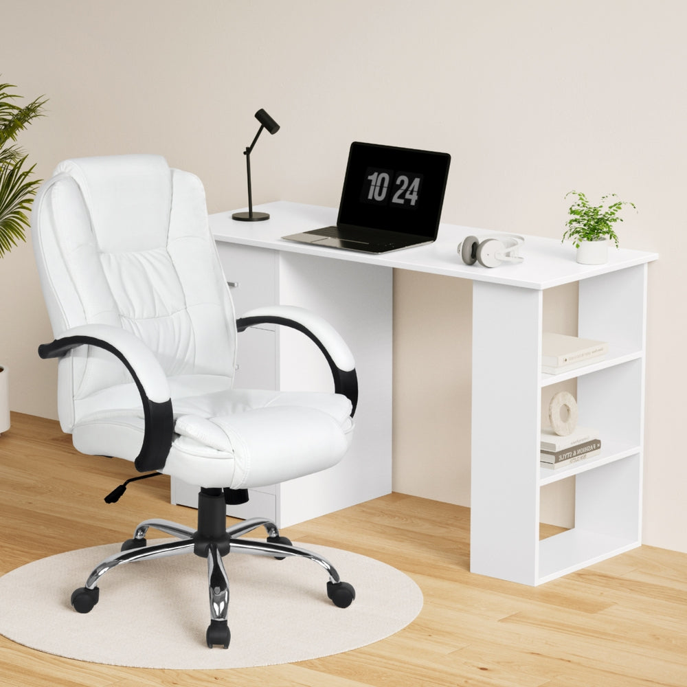 Artiss Computer Desk 120cm Executive Office Chair Set PU Leather High Back White 7