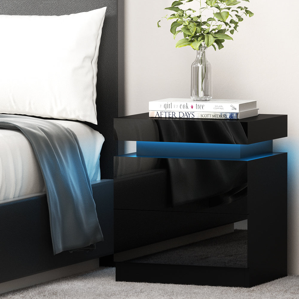 Artiss Bedside Table LED 2 Drawers Lift-up Storage - COLEY Black 7