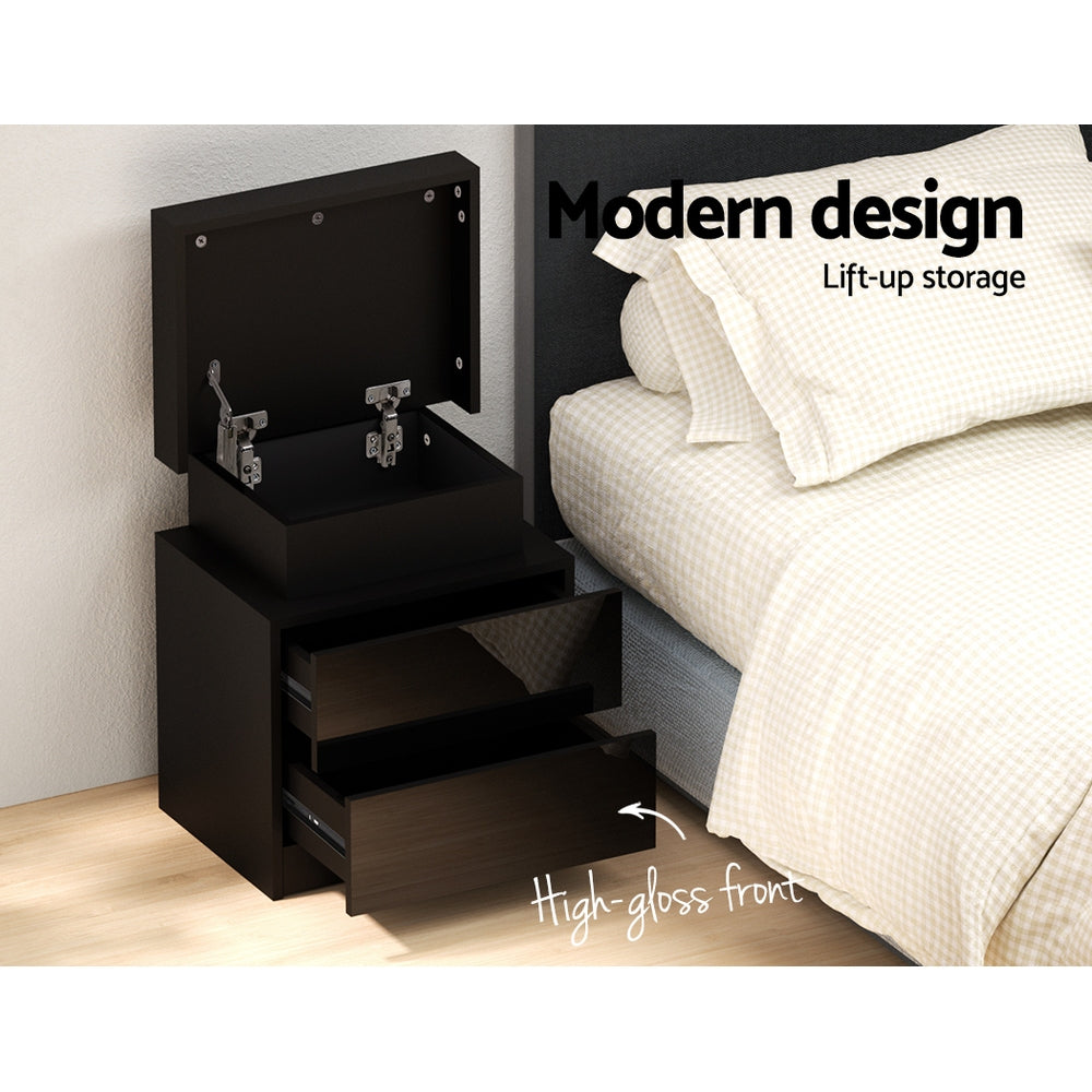 Artiss Bedside Table LED 2 Drawers Lift-up Storage - COLEY Black 4