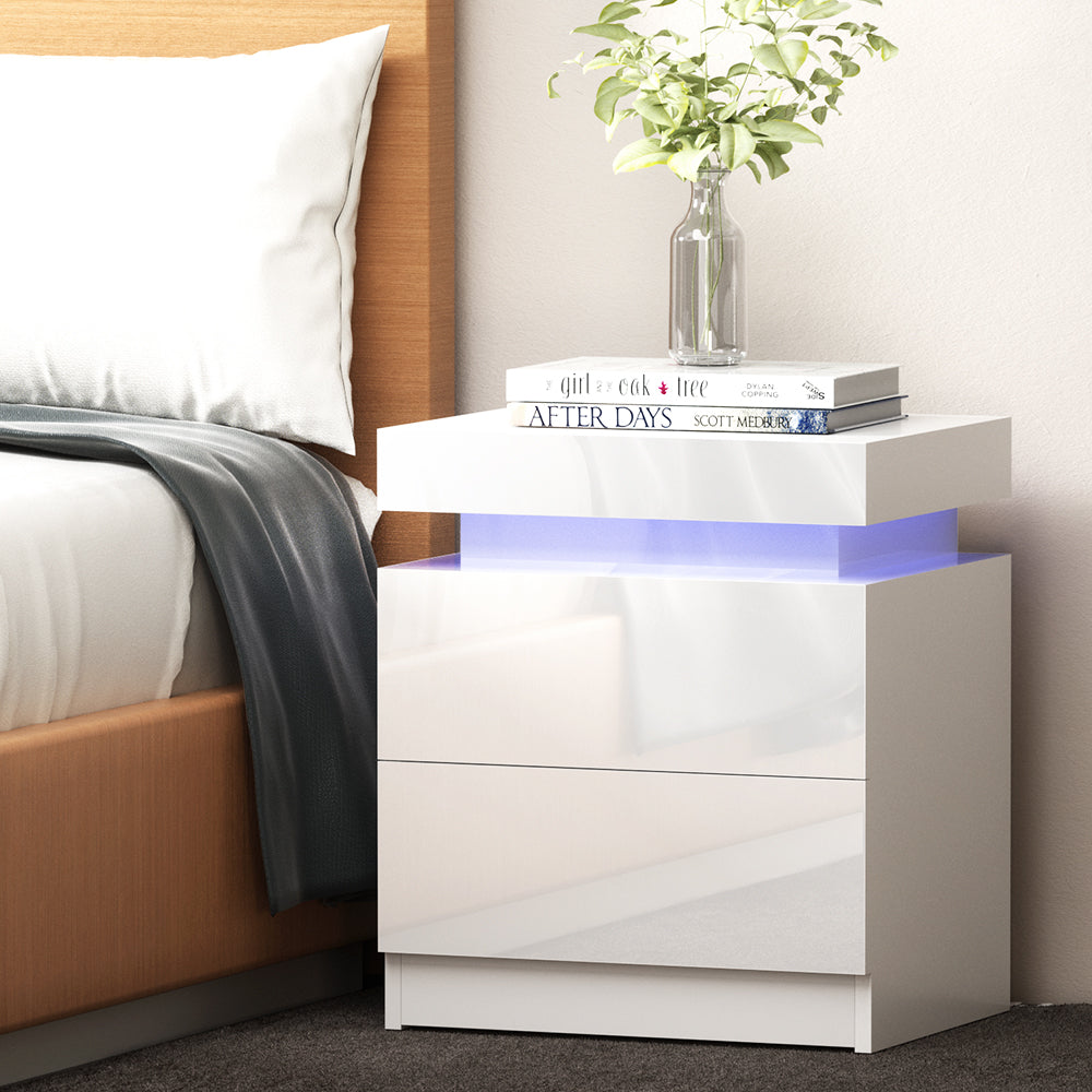 Artiss Bedside Table LED 2 Drawers Lift-up Storage - COLEY White 7
