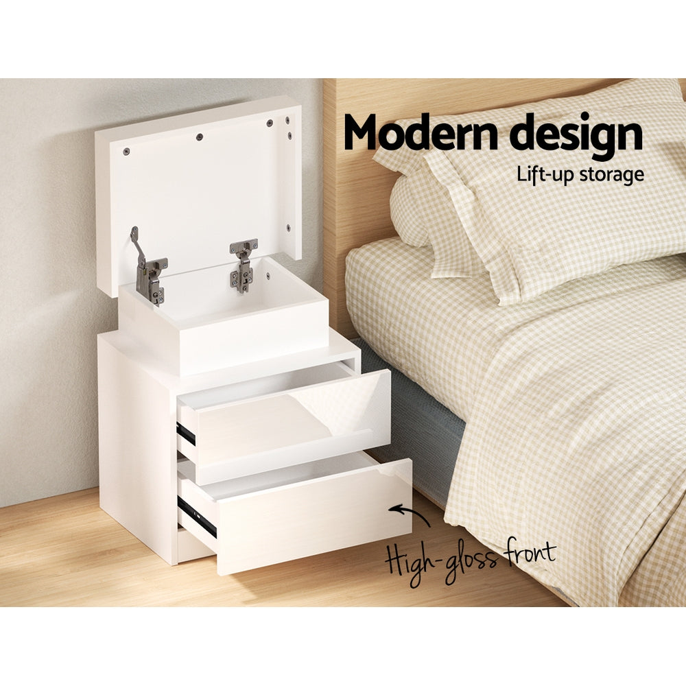 Artiss Bedside Table LED 2 Drawers Lift-up Storage - COLEY White 4