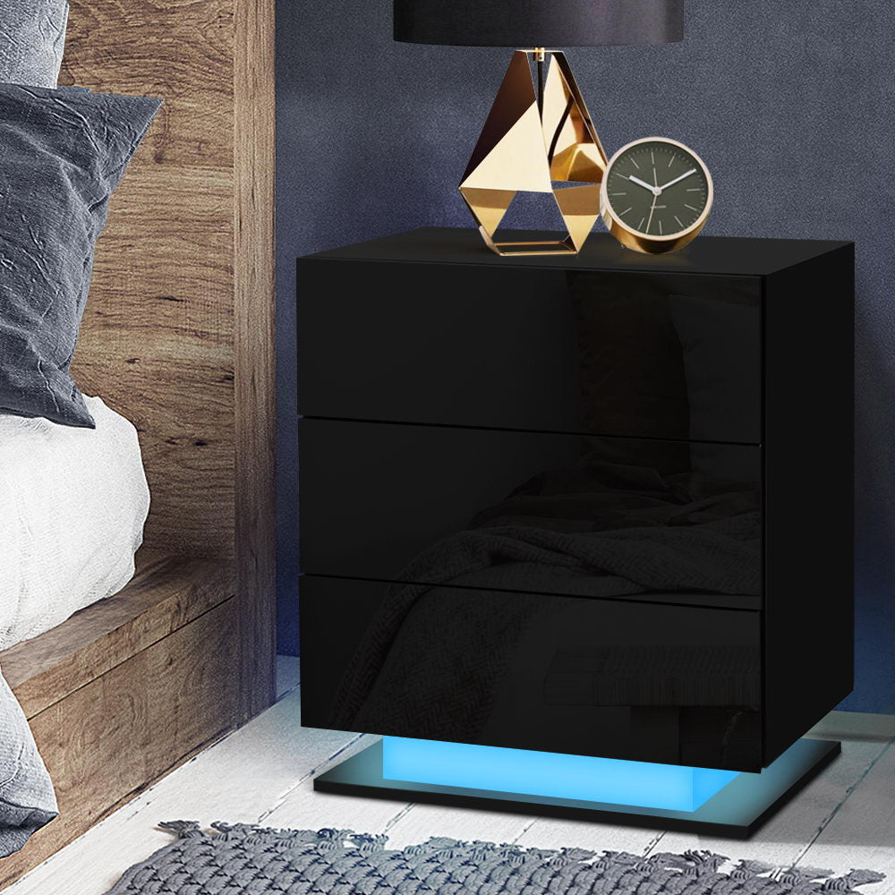 Artiss Bedside Table LED 3 Drawers - MORI Black 7