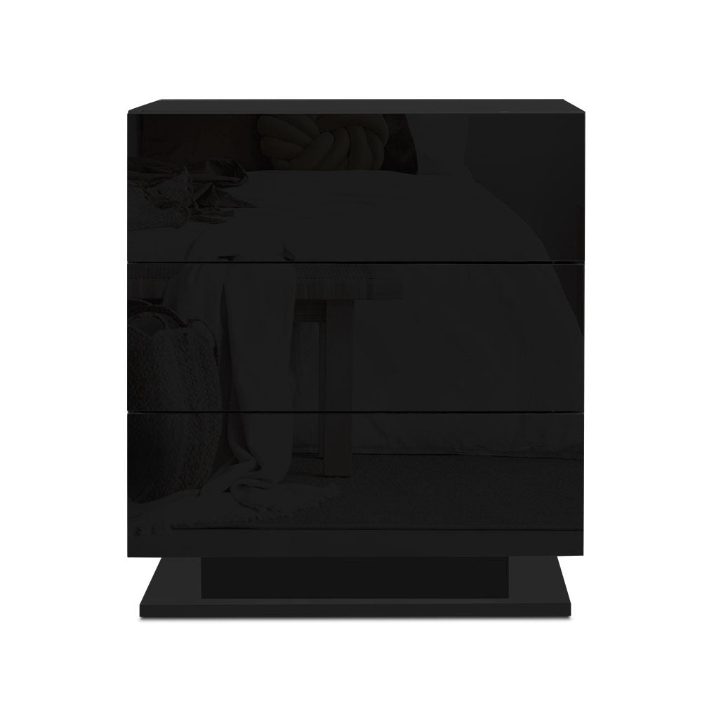 Artiss Bedside Table LED 3 Drawers - MORI Black 3