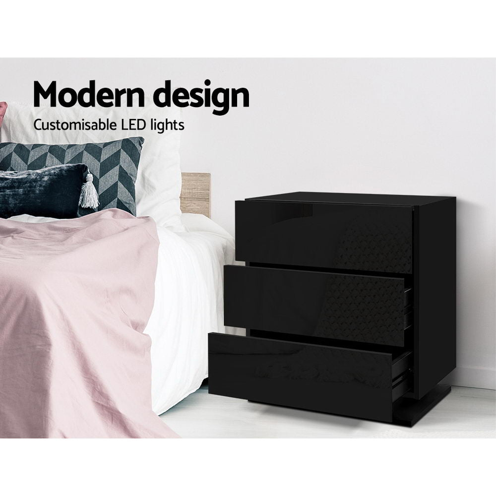 Artiss Bedside Table LED 3 Drawers - MORI Black 4