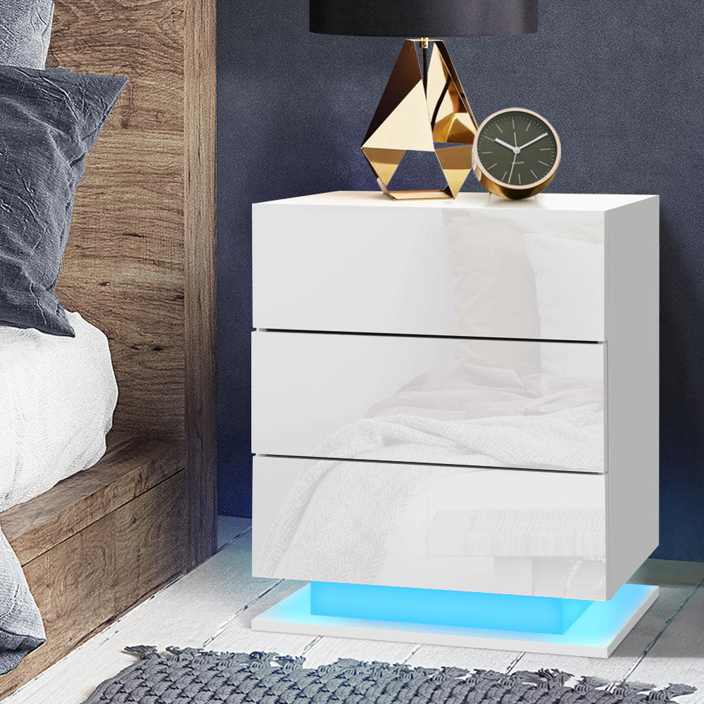 Artiss Bedside Table LED 3 Drawers - MORI White 7
