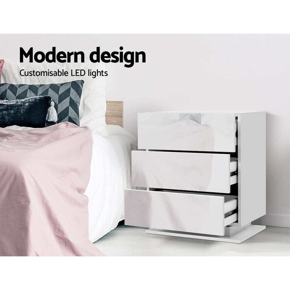 Artiss Bedside Table LED 3 Drawers - MORI White 4