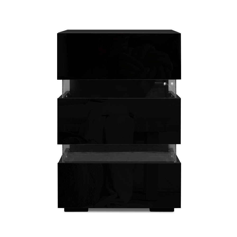 Artiss Bedside Table LED 3 Drawers - LUMI Black 3
