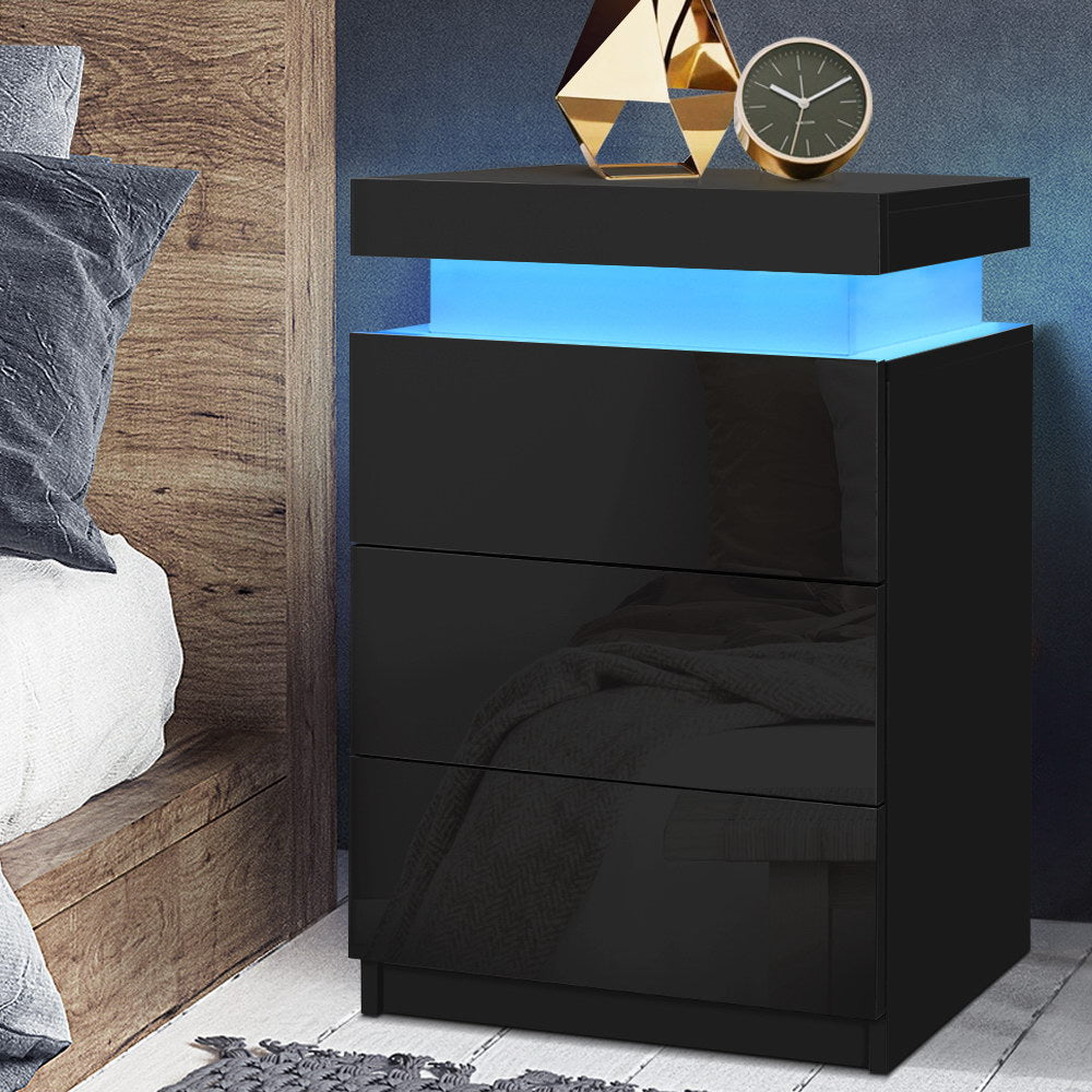 Artiss Bedside Table LED 3 Drawers - COLEY Black 8