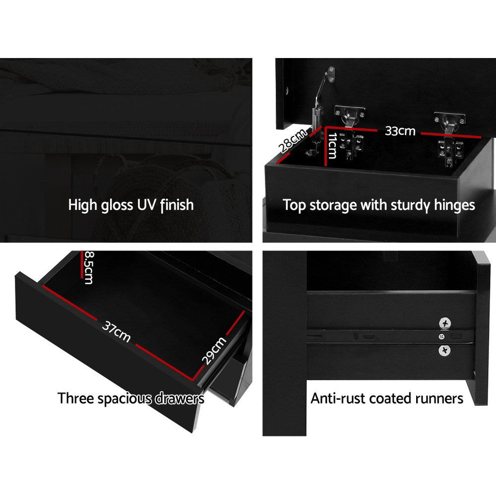 Artiss Bedside Table LED 3 Drawers - COLEY Black 6
