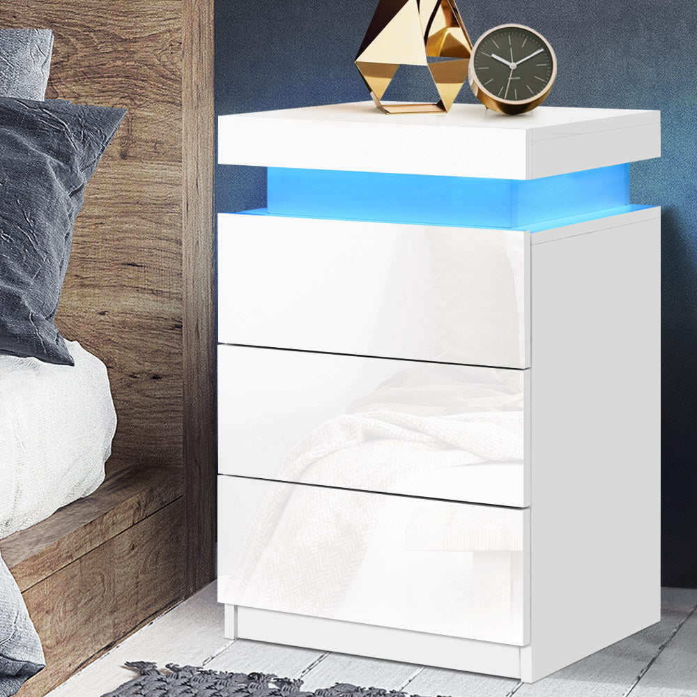 Artiss Bedside Table LED 3 Drawers - COLEY White 7