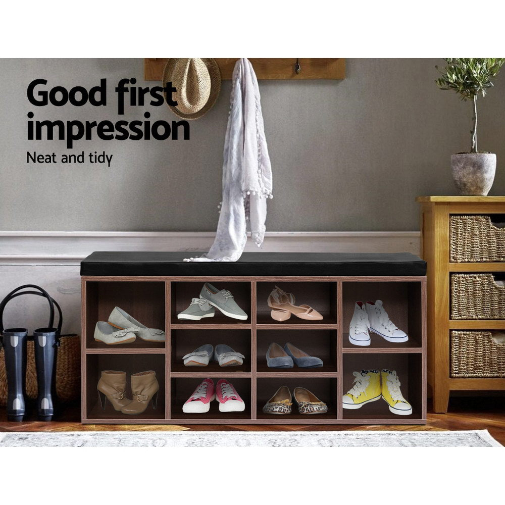 Artiss Shoe Rack Cabinet Bench 10 Cubes - Walnut 3