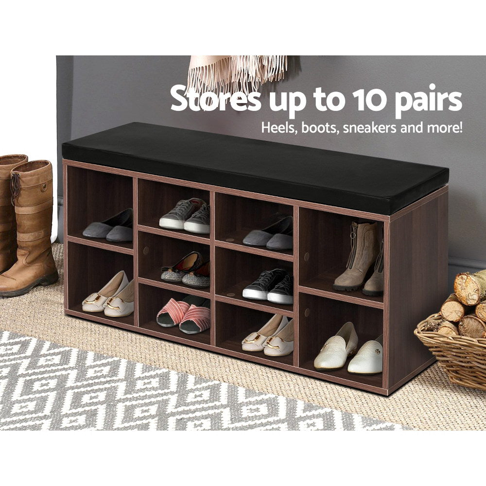 Artiss Shoe Rack Cabinet Bench 10 Cubes - Walnut 4