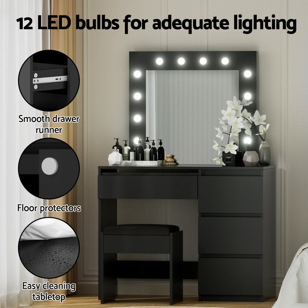 Artiss Dressing Table Set Stool 12 Led Bulbs Black 7