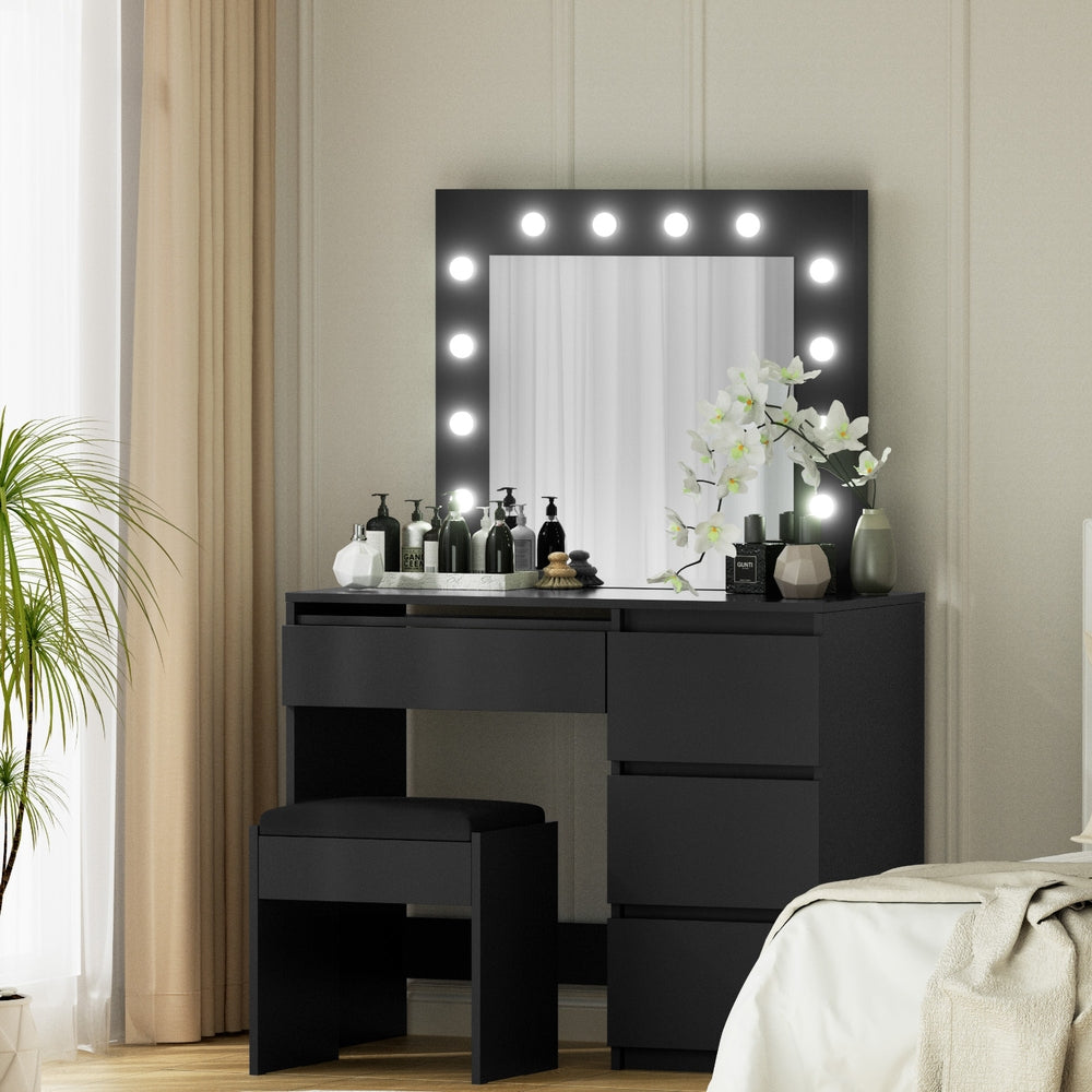 Artiss Dressing Table Set Stool 12 Led Bulbs Black 8