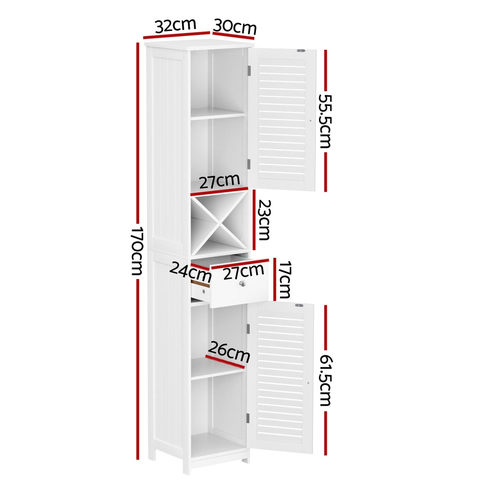 Artiss Bathroom Storage Cabinet 170cm Tall Slim Organiser Toilet Corner Adjustable Shelf Louver Door White 3