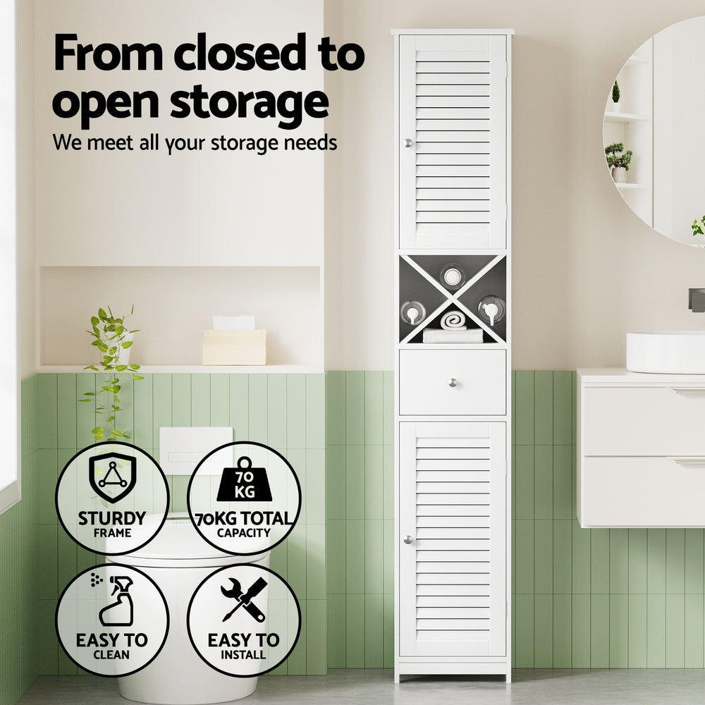 Artiss Bathroom Storage Cabinet 170cm Tall Slim Organiser Toilet Corner Adjustable Shelf Louver Door White 4
