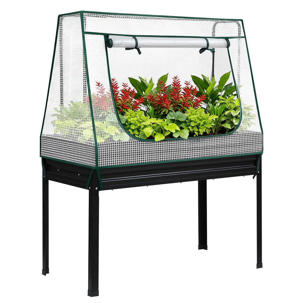 Green Fingers Elevated Metal Garden Bed Kit w Mini Greenhouse Cover 116x60cm Stand-Up Height Trellis 7