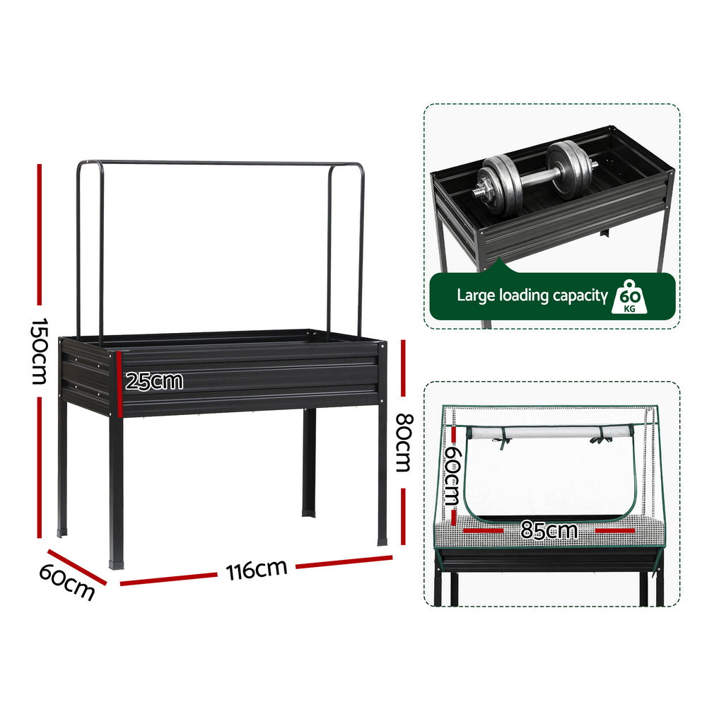 Green Fingers Elevated Metal Garden Bed Kit w Mini Greenhouse Cover 116x60cm Stand-Up Height Trellis 6