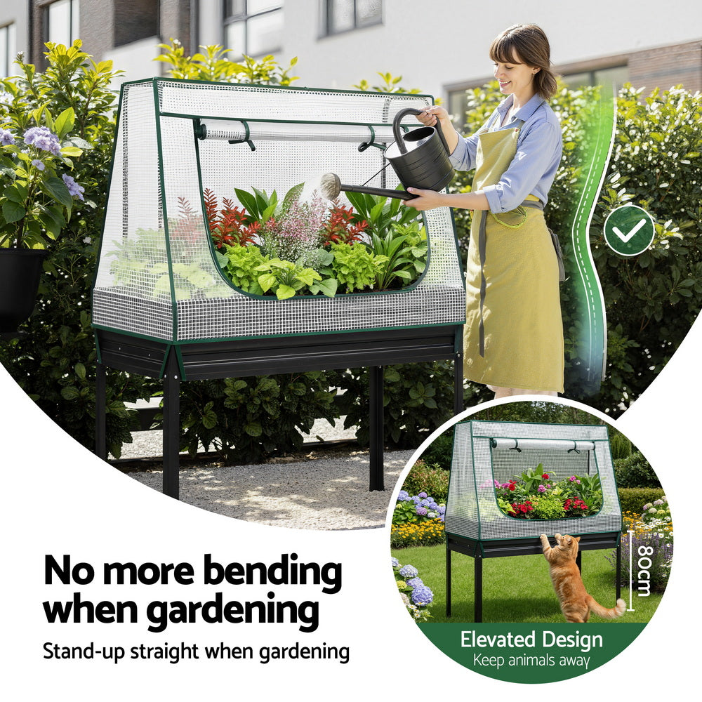 Green Fingers Elevated Metal Garden Bed Kit w Mini Greenhouse Cover 116x60cm Stand-Up Height Trellis 5