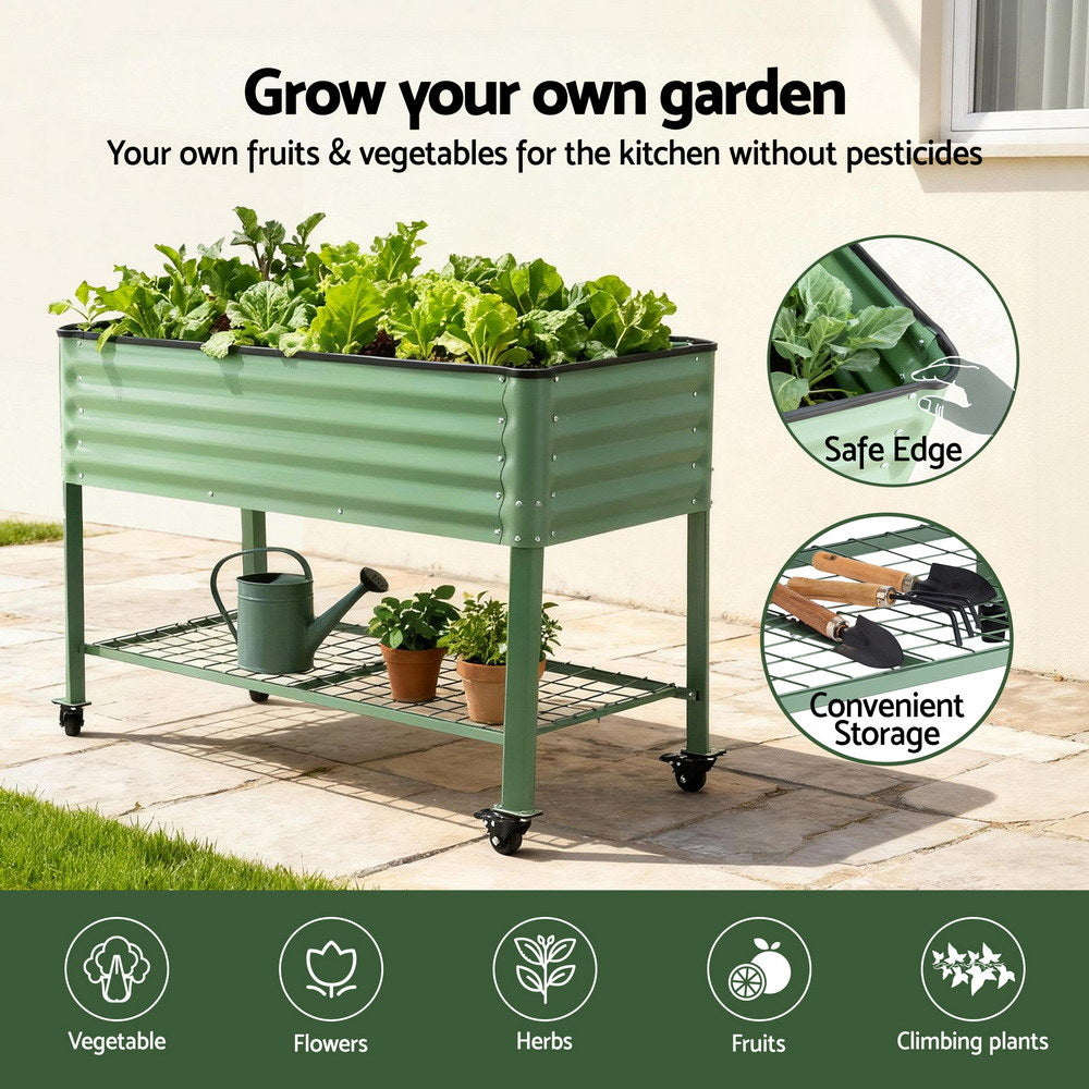 Green Fingers Elevated Raised Garden Bed Kit Mobile w/ Locking Wheels & Storage Shelf 100KG Max Load 115x60x81cm | Galvanized Steel, Portable Green Organizer for Seniors, Patio, Balcony, Vegetables 5