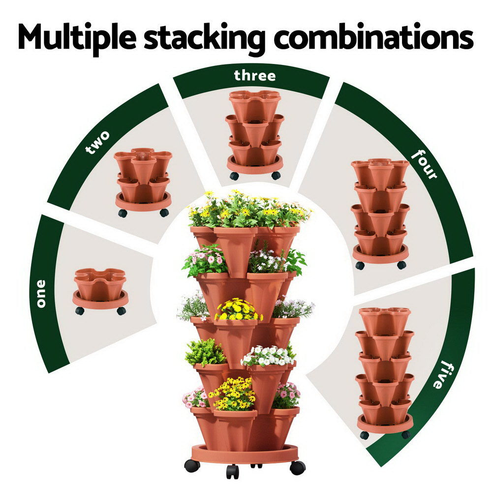 Green Fingers Raised Garden Bed 5 Tier Vertical Garden Brick Red Strawberry Stackable Planters Herbs Petunias 5