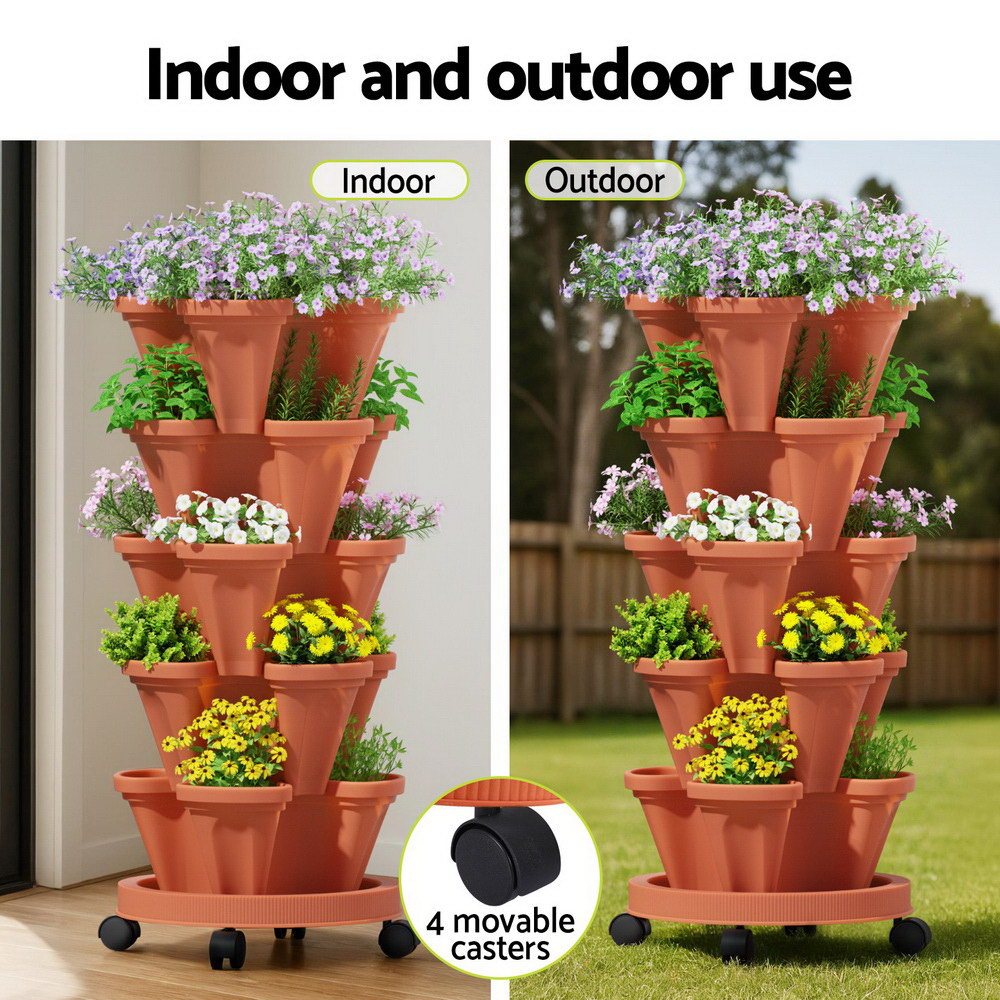 Green Fingers Raised Garden Bed 5 Tier Vertical Garden Brick Red Strawberry Stackable Planters Herbs Petunias 6