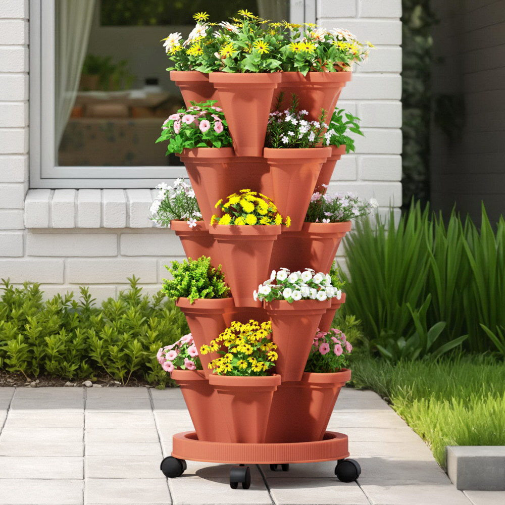 Green Fingers Raised Garden Bed 5 Tier Vertical Garden Brick Red Strawberry Stackable Planters Herbs Petunias 7