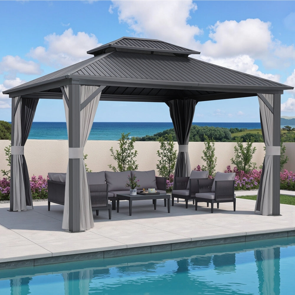 Instahut Gazebo 3x3.65m Canopy Outdoor Steel Frame Patio Tent Curtains Marquee Grey 7