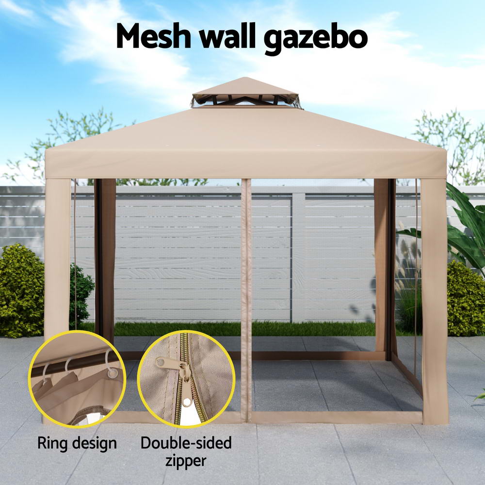 Instahut Gazebo Marquee 3m Outdoor Event Tent Camping Party Mesh Wall Canopy Brown 4