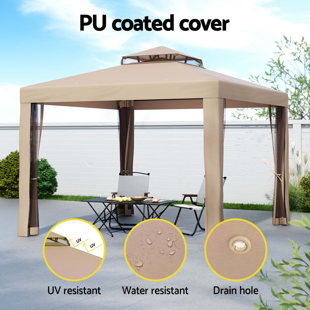 Instahut Gazebo Marquee 3m Outdoor Event Tent Camping Party Mesh Wall Canopy Brown 5