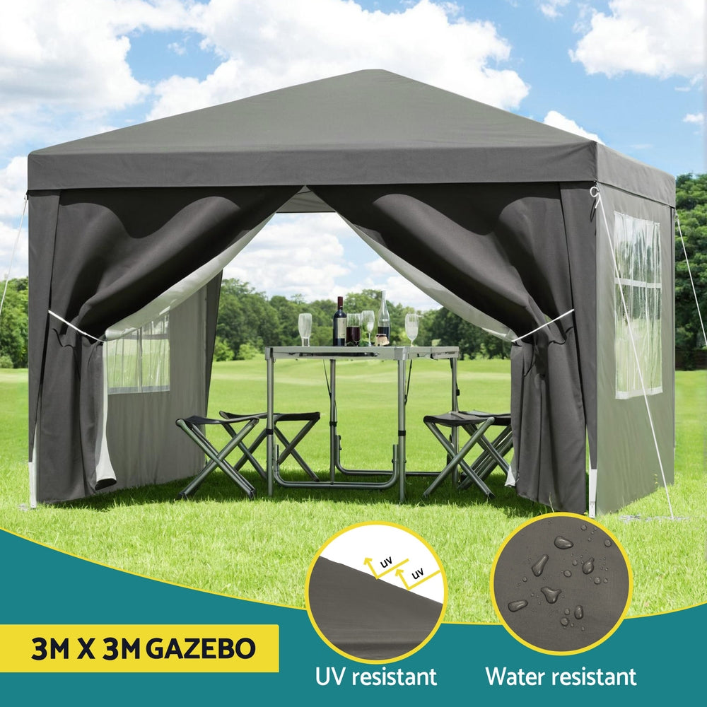 Instahut Gazebo 3x3 Pop Up Marquee Folding Tent Wedding Gazebos Camping Outdoor Shade Canopy Gray 4
