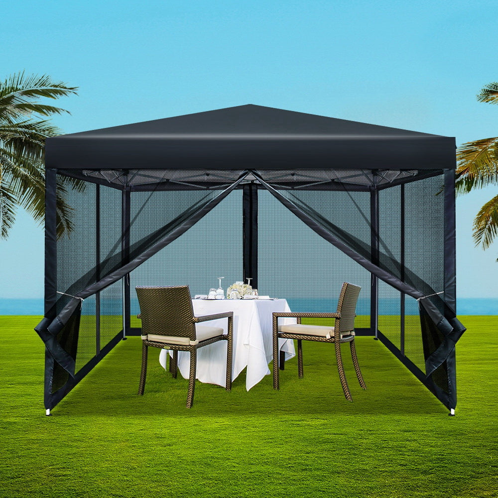 Instahut Gazebo Pop Up Marquee 3x3m Wedding Party Outdoor Camping Tent Canopy Shade Mesh Wall Black 7