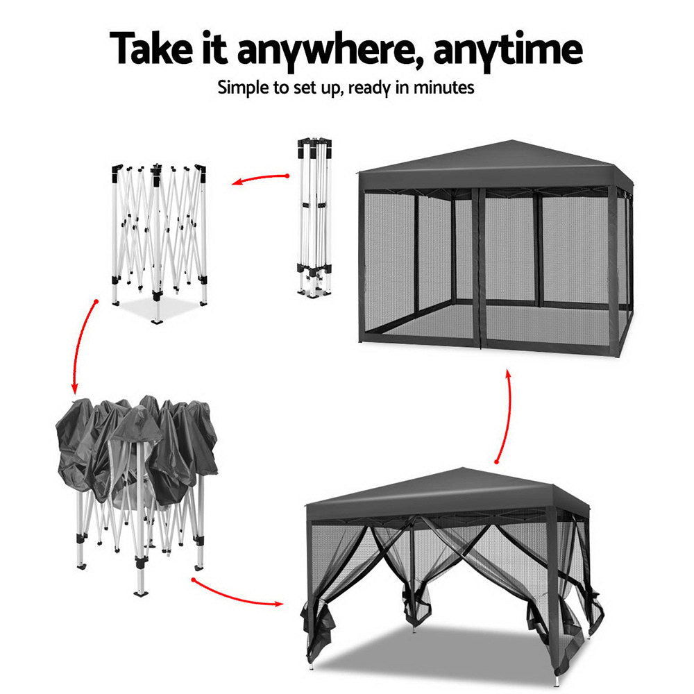 Instahut Gazebo Pop Up Marquee 3x3m Wedding Party Outdoor Camping Tent Canopy Shade Mesh Wall Grey 4
