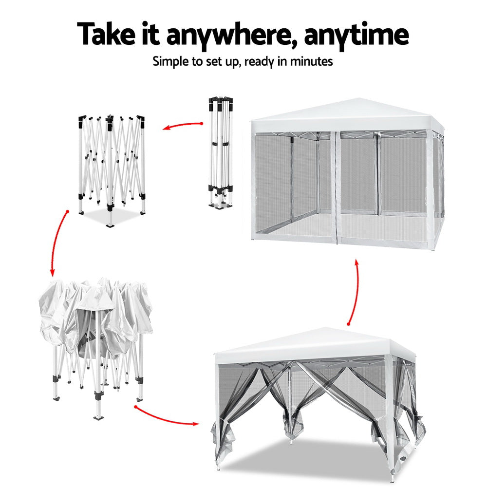 Instahut Gazebo Pop Up Marquee 3x3m Wedding Party Outdoor Camping Tent Canopy Shade Mesh Wall White 4