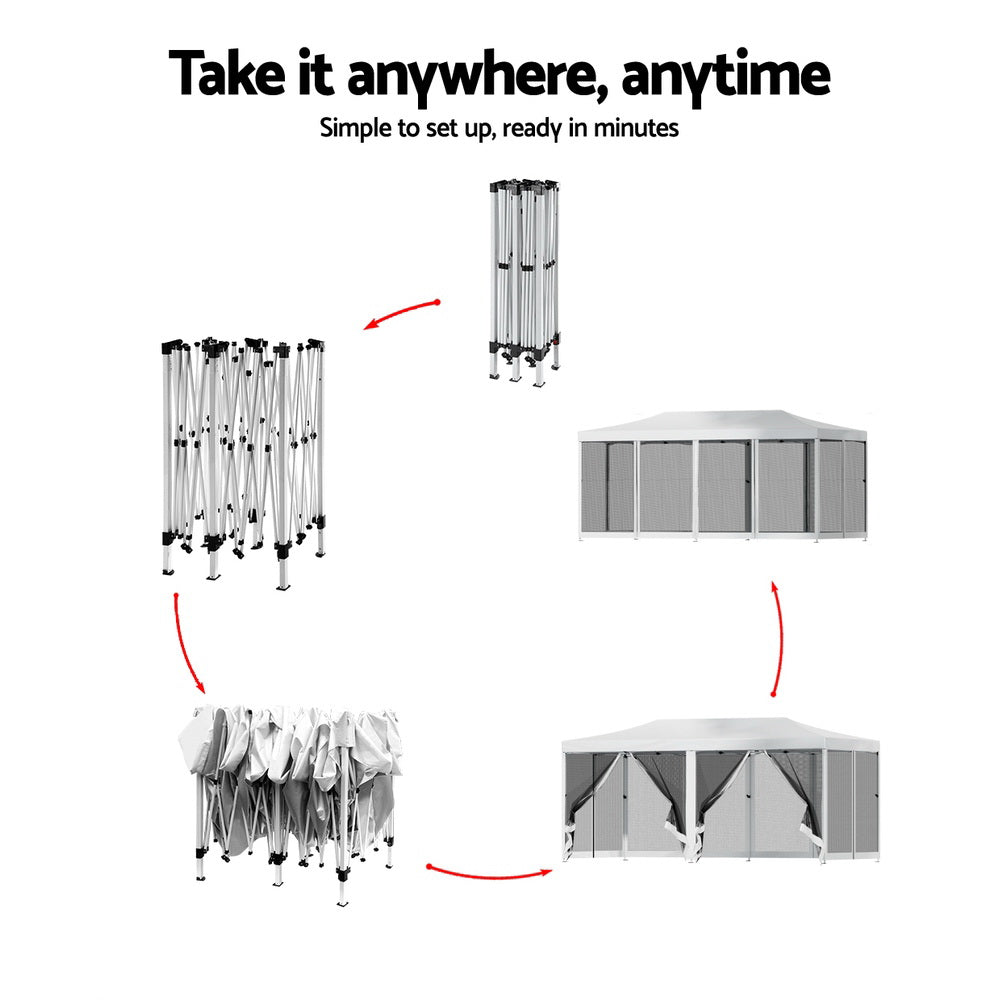 Instahut Gazebo Pop Up Marquee 3x6m Wedding Party Outdoor Camping Tent Canopy Shade Mesh Wall White 6
