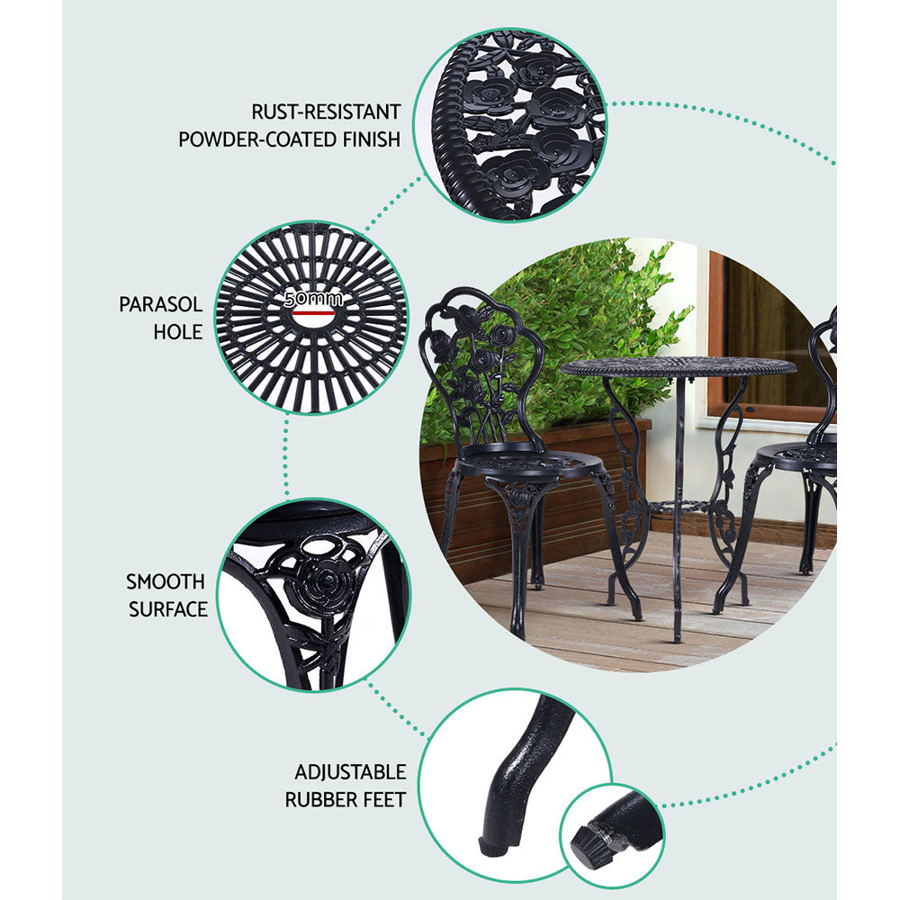 Gardeon 3PC Outdoor Setting Bistro Set Chairs Table Cast Aluminum Rose Black 3